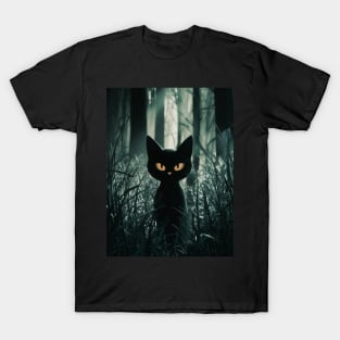 Black cat in dark forest T-Shirt